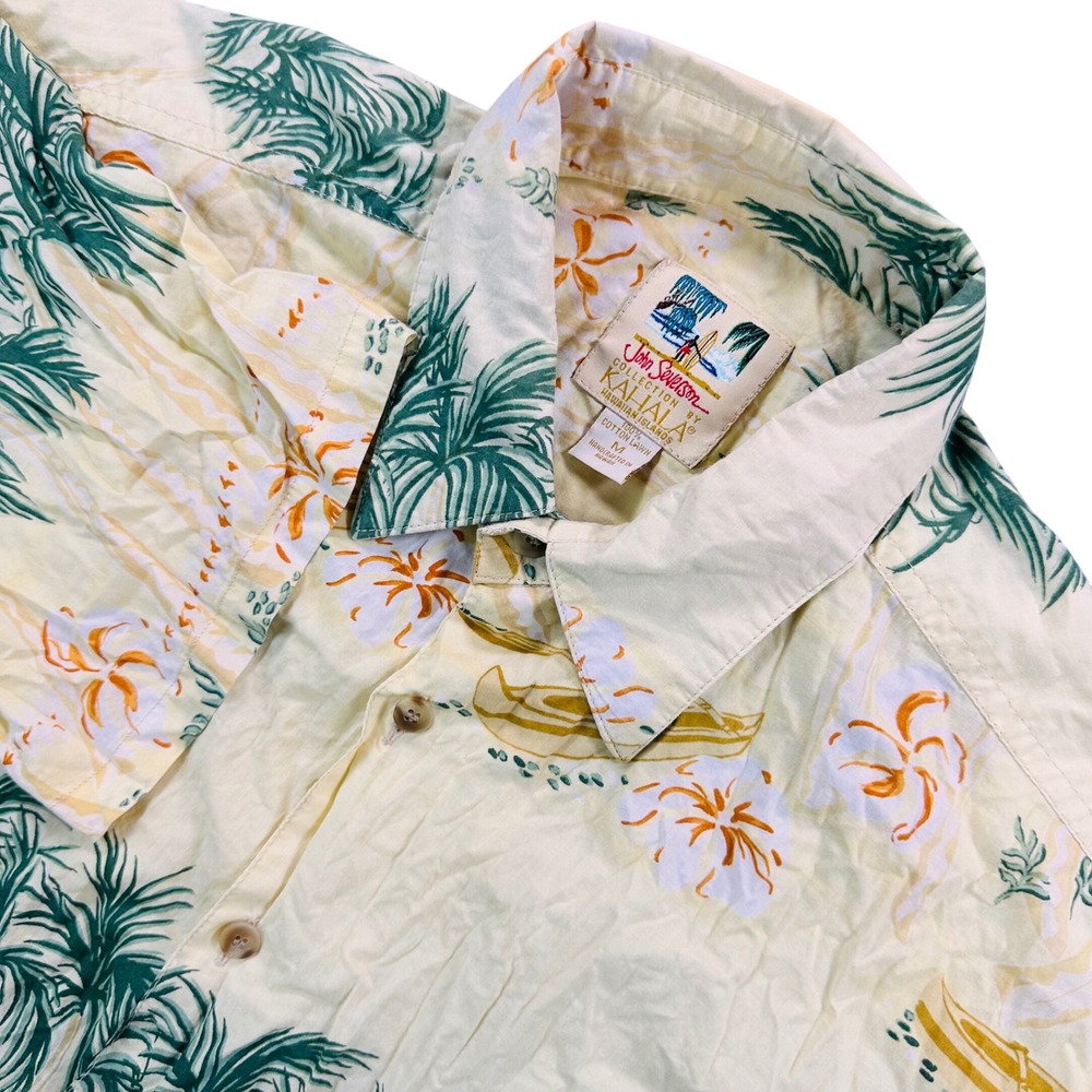 KAHALA John Severson Hawaiian Shirt Palm Tree Floral Canoe Cream Surf Mens M VTG